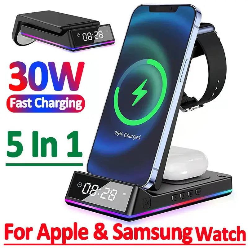 5 In 1 30W Foldable Wireless Charger Stand RGB Dock LED Clock Fast Charging Station for iPhone Samsung Galaxy Watch 5/4 S22 S21 Pinnacle Luxuries