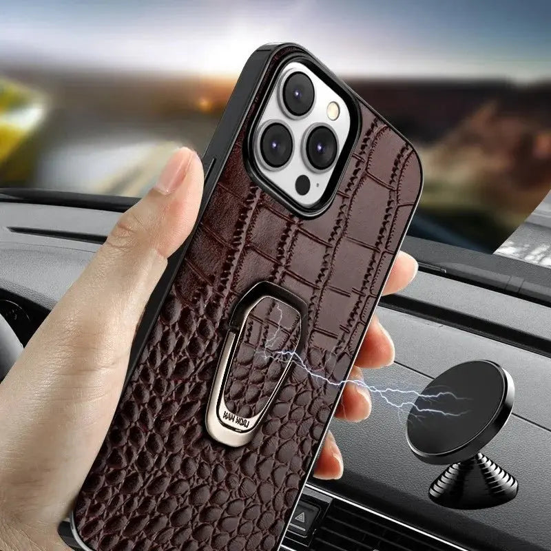 Genuine Cowhide Leather Bracket Phone Case For iPhone 15 14 13 12 11 Pro Max XR XS Max SE 2022 7 8 Plus Back Cover with Ring Pinnacle Luxuries