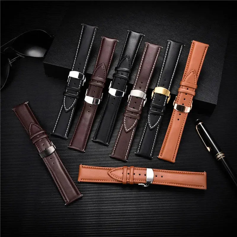 Smooth Genuine Calfskin Leather Watchband 18mm 20mm 22mm 24mm Straps with Solid Automatic Butterfly Buckle Business Watch Band Pinnacle Luxuries